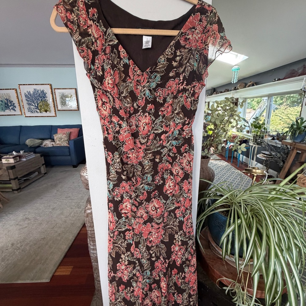 Jones New York Silk Dress Womens 6P Brown Floral V-Neck Midi Cottagecore